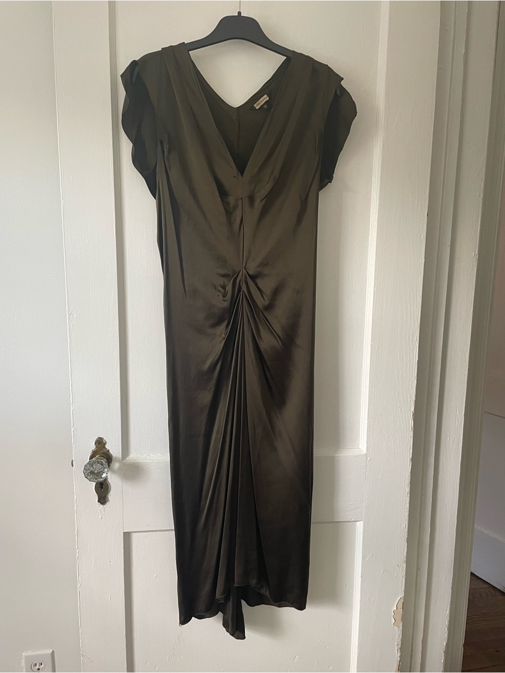 Rozae Nichols Olive Green Stretch Silk Midi Dress M 4 Vintage